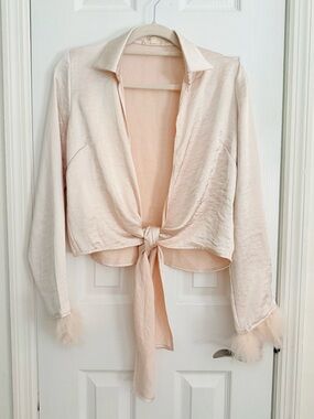LA Hearts Collared Satin Front Tie Cropped Cardigan Feather Detail Size Small